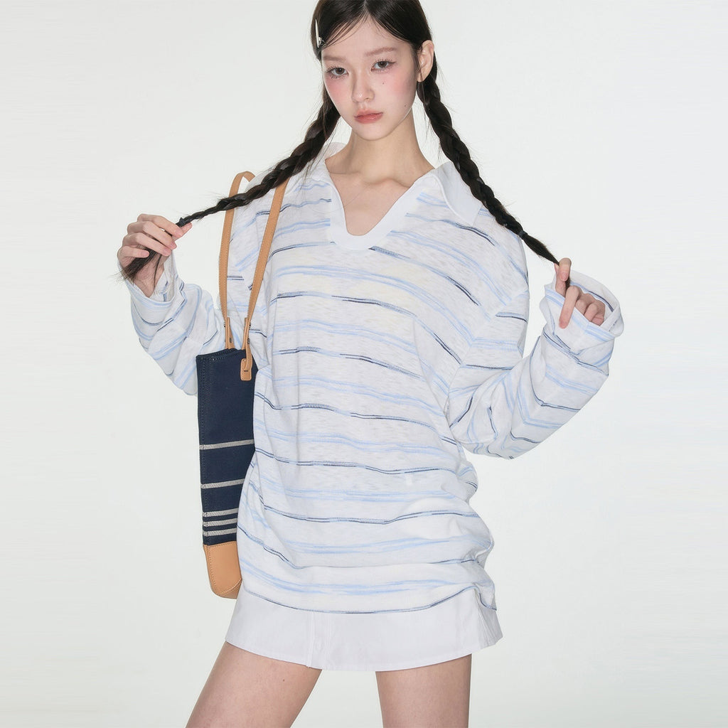 Luamoss_Breathable_V-neck_Striped_Patch_Korean_Women_Cotton_Blend_Oversized_T-Shirts_MISSTT