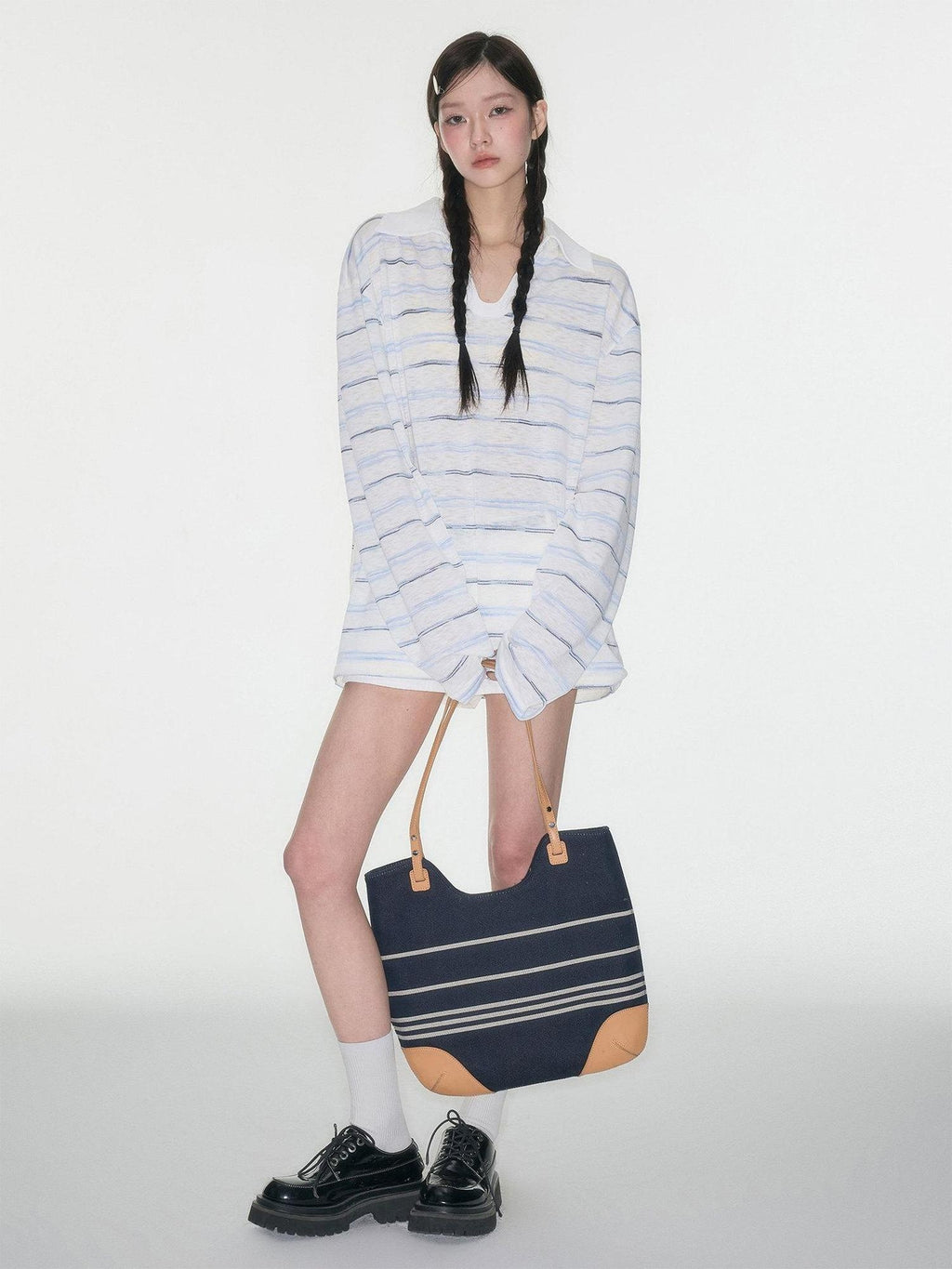 Luamoss Breathable V-neck Striped Patch Korean Women Cotton Blend Oversized T-Shirts