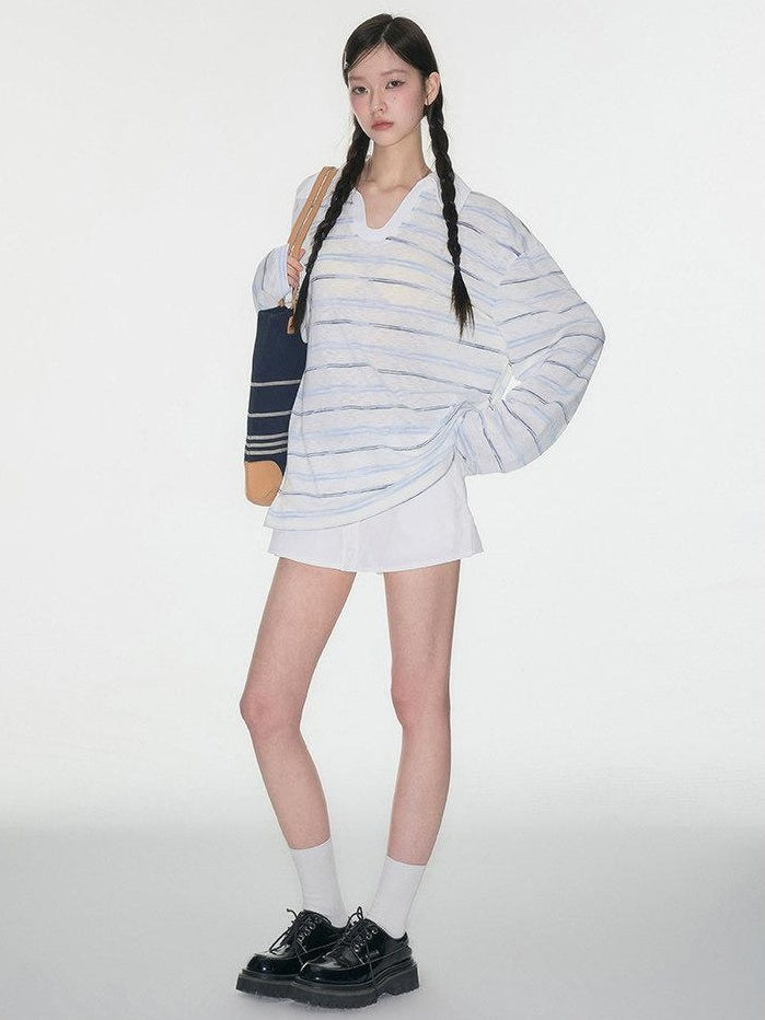 Luamoss Breathable V-neck Striped Patch Korean Women Cotton Blend Oversized T-Shirts