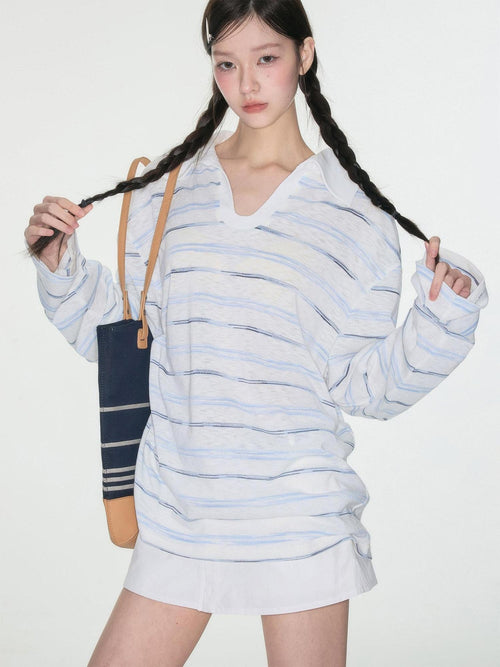 Luamoss Breathable V-neck Striped Patch Korean Women Cotton Blend Oversized T-Shirts