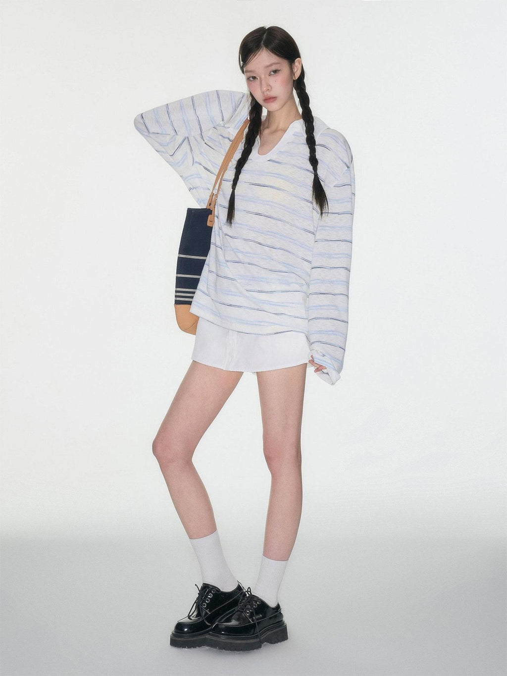 Luamoss Breathable V-neck Striped Patch Korean Women Cotton Blend Oversized T-Shirts
