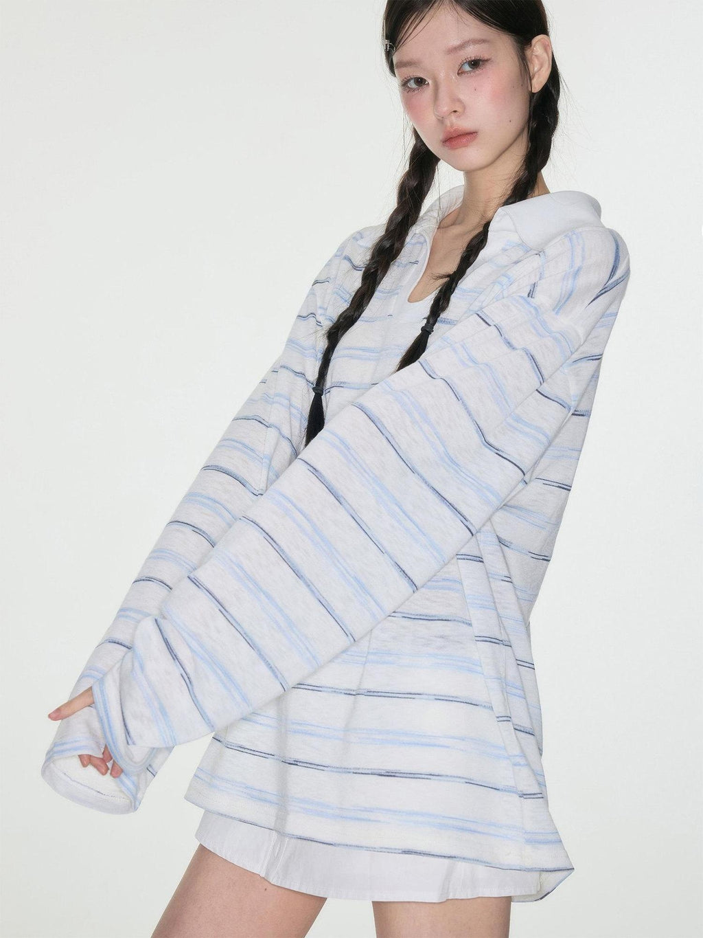 Luamoss Breathable V-neck Striped Patch Korean Women Cotton Blend Oversized T-Shirts