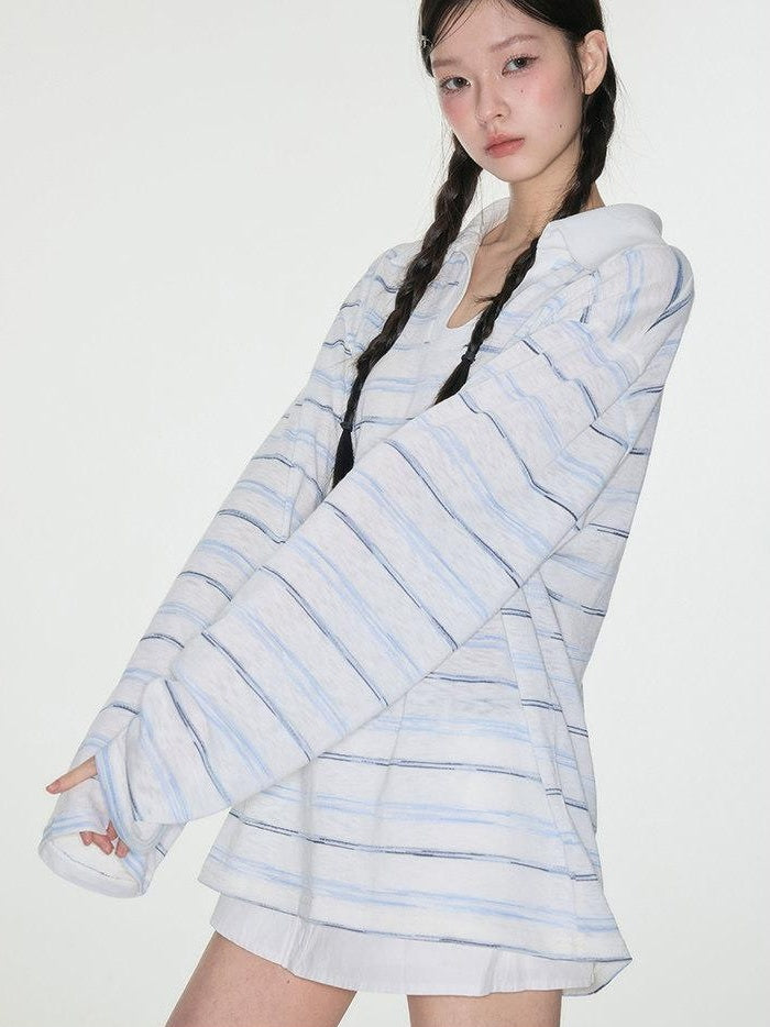 Luamoss Breathable V-neck Striped Patch Korean Women Cotton Blend Oversized T-Shirts