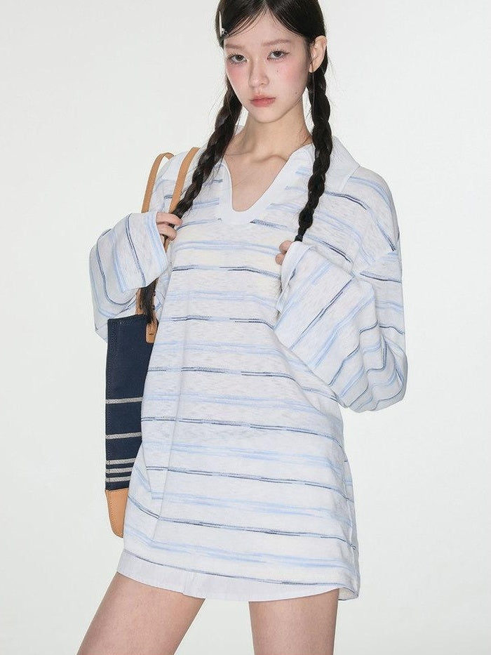 Luamoss Breathable V-neck Striped Patch Korean Women Cotton Blend Oversized T-Shirts