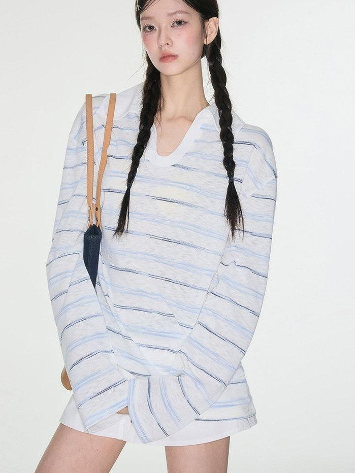 Luamoss Breathable V-neck Striped Patch Korean Women Cotton Blend Oversized T-Shirts