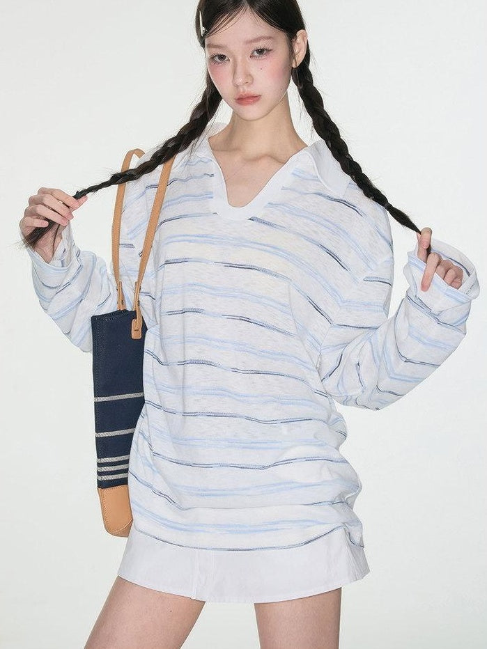 Luamoss Breathable V-neck Striped Patch Korean Women Cotton Blend Oversized T-Shirts