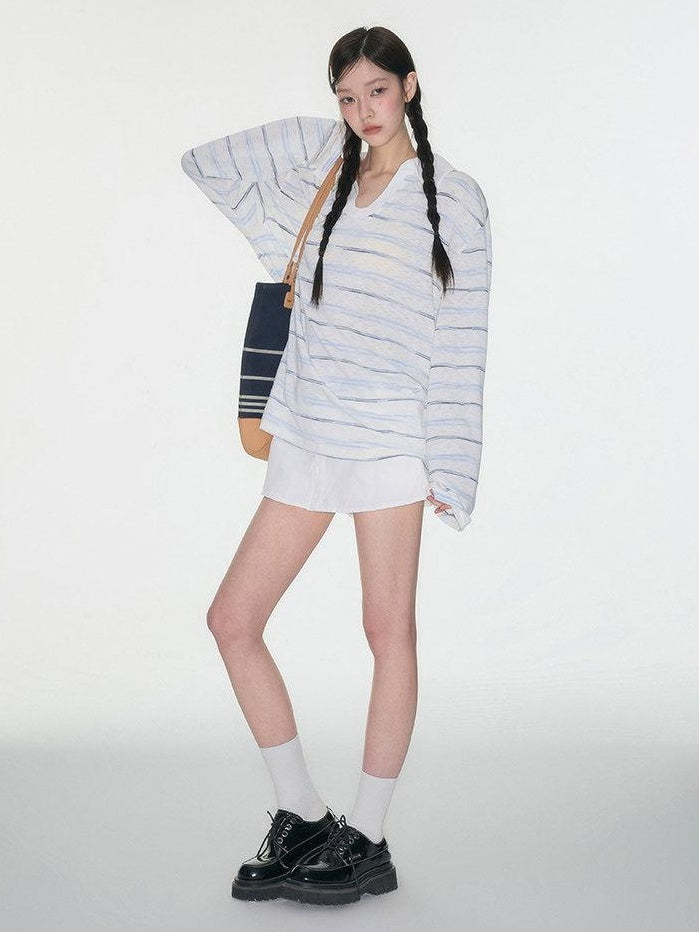 Luamoss Breathable V-neck Striped Patch Korean Women Cotton Blend Oversized T-Shirts
