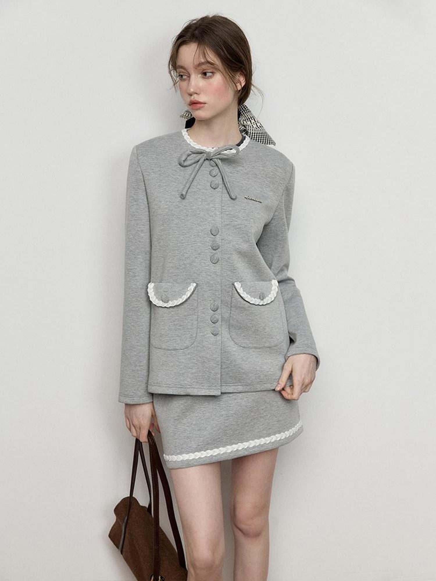 Luamoss Button Round Neck Long Sleeve Two Piece Polyester Mini Youth Top & Skirt Sets