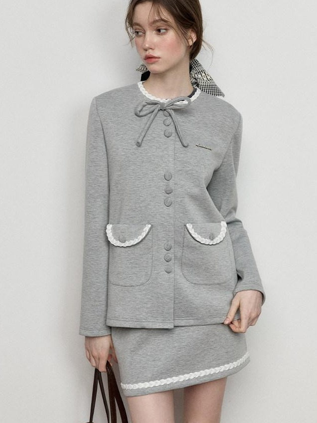 Luamoss Button Round Neck Long Sleeve Two Piece Polyester Mini Youth Top & Skirt Sets