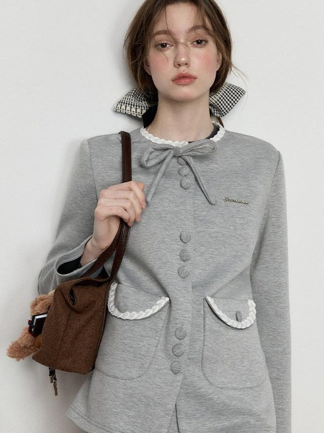 Luamoss Button Round Neck Long Sleeve Two Piece Polyester Mini Youth Top & Skirt Sets