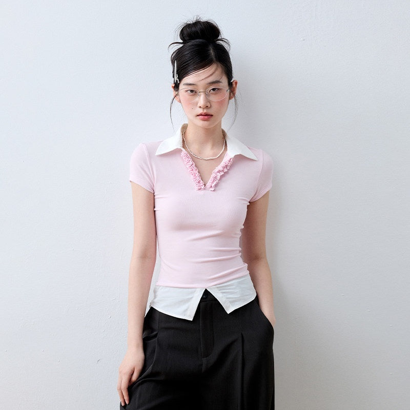 Luamoss_Cherry_Blossom_Pink_Eco_Recycled_V-neck_Flirty_Short_Sleeve_Regular_Fit_Polos_MISSTT