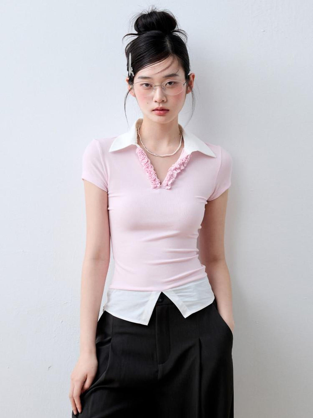 Luamoss Cherry Blossom Pink Eco Recycled V-neck Flirty Short Sleeve Regular Fit Polos