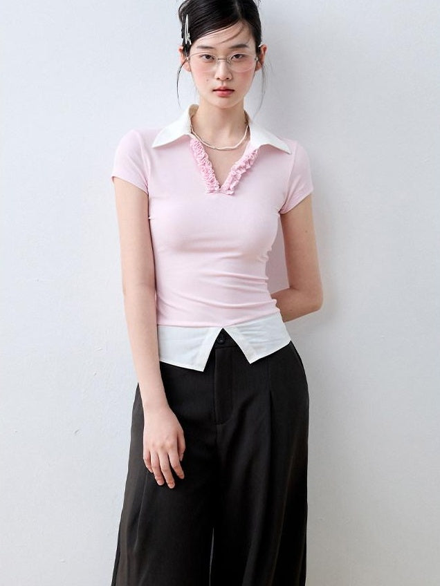 Luamoss Cherry Blossom Pink Eco Recycled V-neck Flirty Short Sleeve Regular Fit Polos