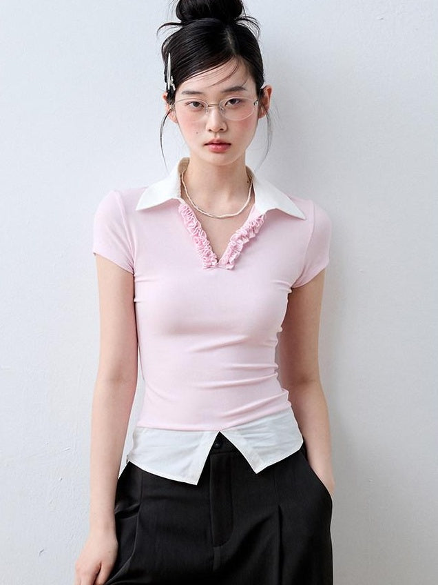 Luamoss Cherry Blossom Pink Eco Recycled V-neck Flirty Short Sleeve Regular Fit Polos