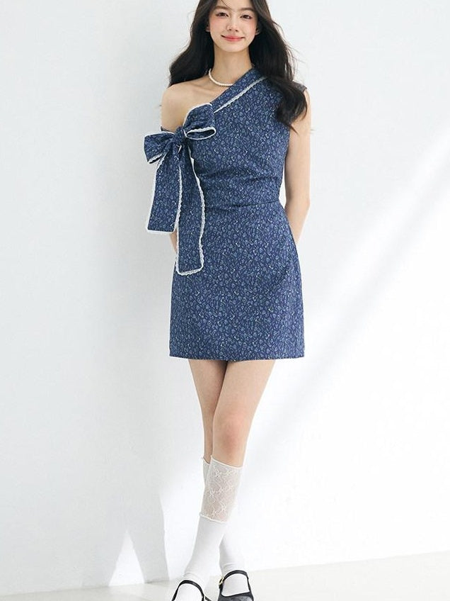 Luamoss Cinched Waist Casual Asymmetric A Line Iris Blue Nylon Mini Dresses