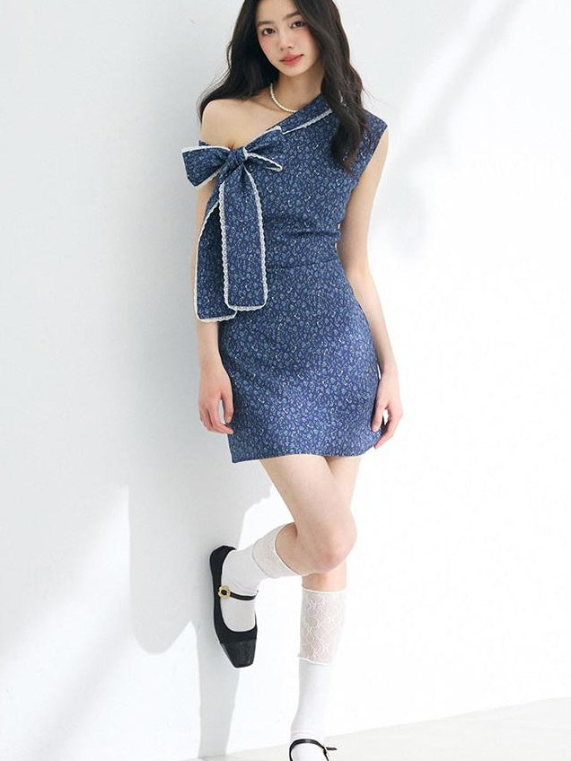 Luamoss Cinched Waist Casual Asymmetric A Line Iris Blue Nylon Mini Dresses