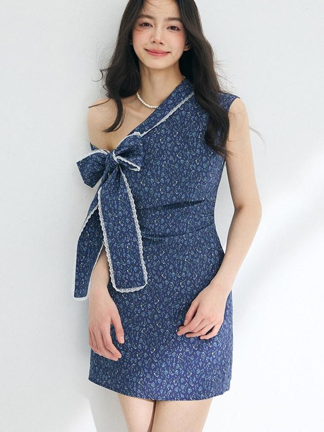 Luamoss Cinched Waist Casual Asymmetric A Line Iris Blue Nylon Mini Dresses