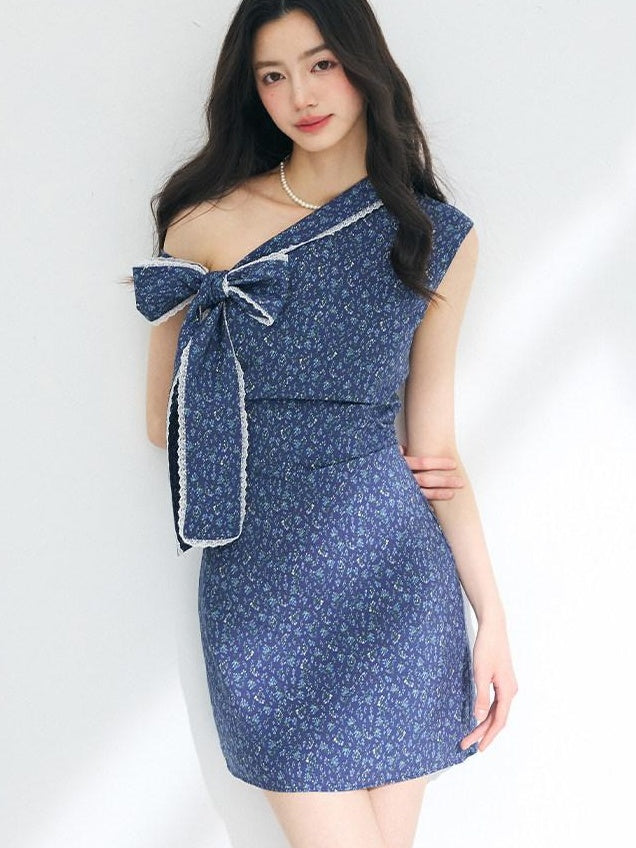 Luamoss Cinched Waist Casual Asymmetric A Line Iris Blue Nylon Mini Dresses