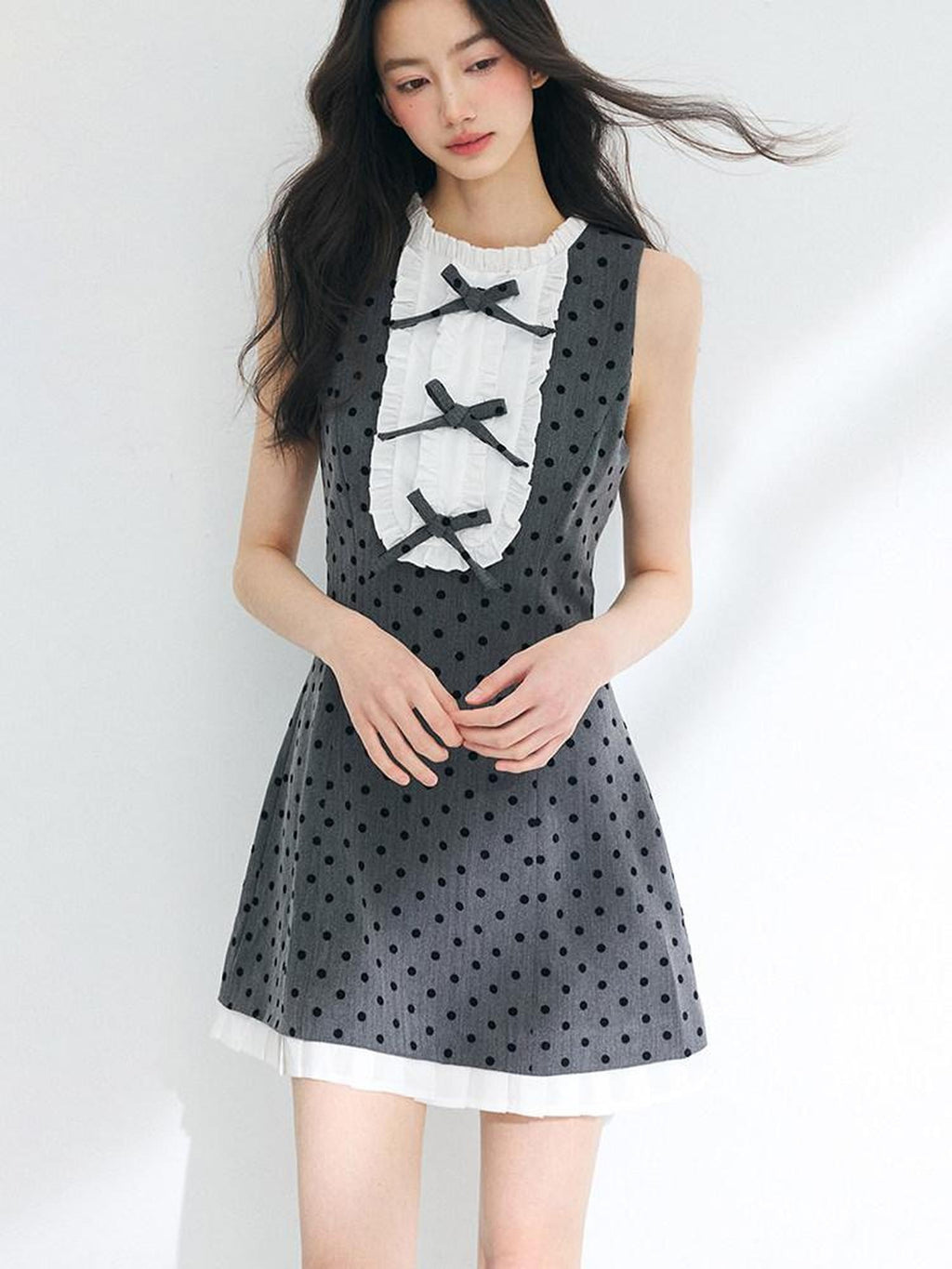 Luamoss Cinched Waist Polka Dot A Line Sleeveless Round Neck Gray Mini Dresses