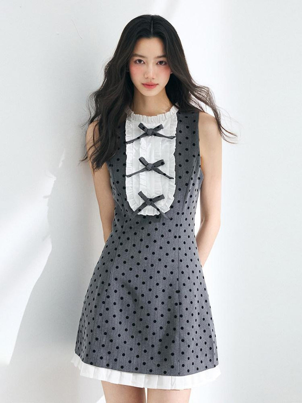 Luamoss Cinched Waist Polka Dot A Line Sleeveless Round Neck Gray Mini Dresses
