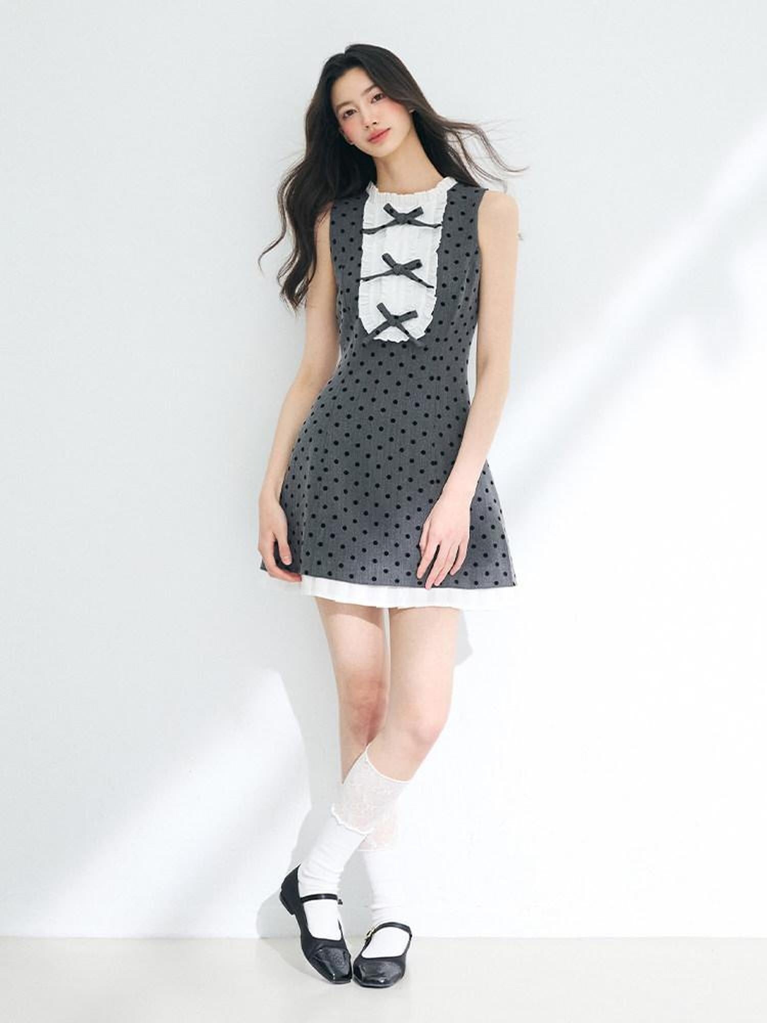 Luamoss Cinched Waist Polka Dot A Line Sleeveless Round Neck Gray Mini Dresses