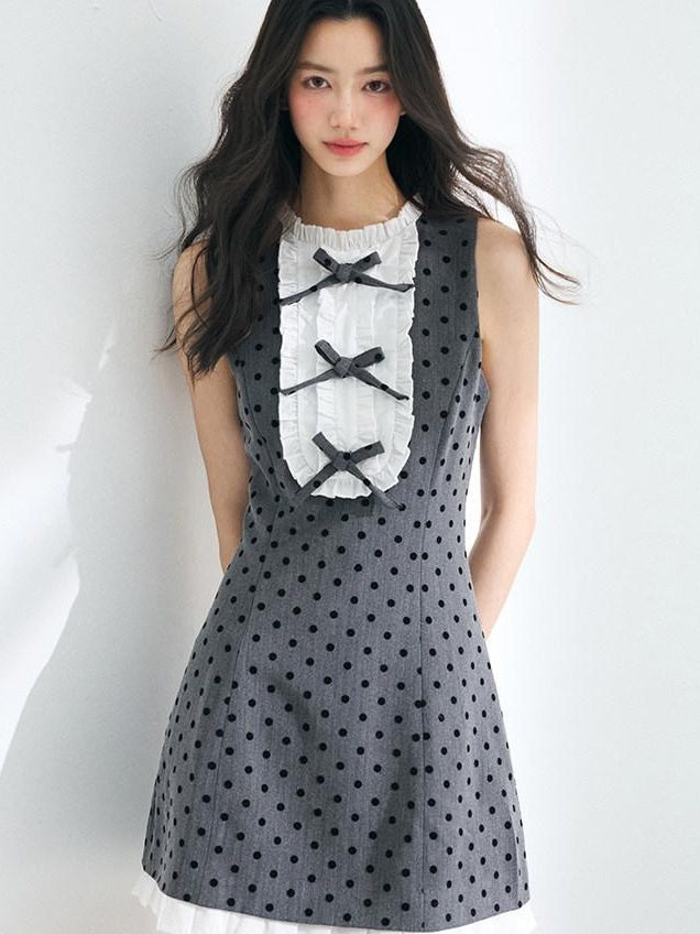 Luamoss Cinched Waist Polka Dot A Line Sleeveless Round Neck Gray Mini Dresses