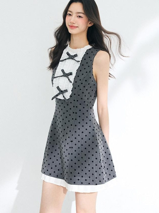 Luamoss Cinched Waist Polka Dot A Line Sleeveless Round Neck Gray Mini Dresses
