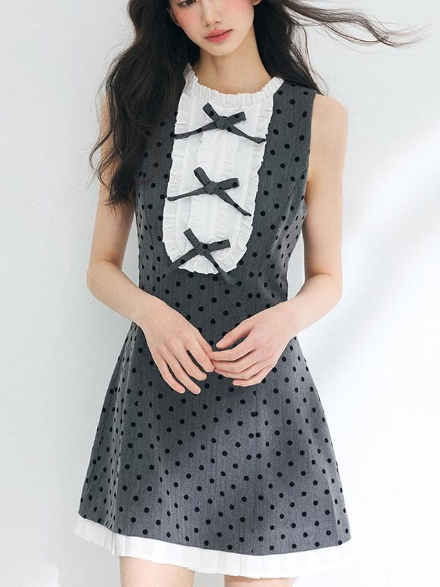 Luamoss Cinched Waist Polka Dot A Line Sleeveless Round Neck Gray Mini Dresses