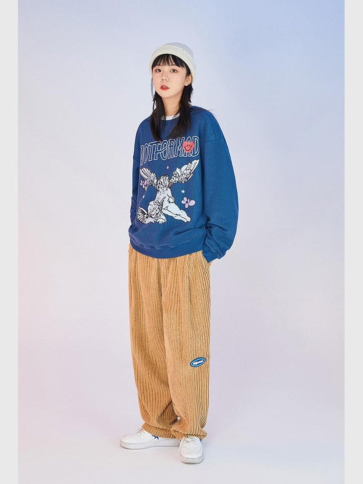 Luamoss Corduroy Loose Harem Fit Mid Waist Pockets Casual Khaki Navy Straight Pants