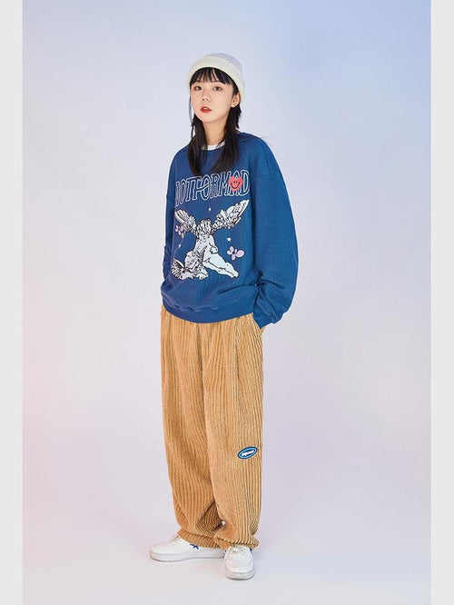 Luamoss Corduroy Loose Harem Fit Mid Waist Pockets Casual Khaki Navy Straight Pants