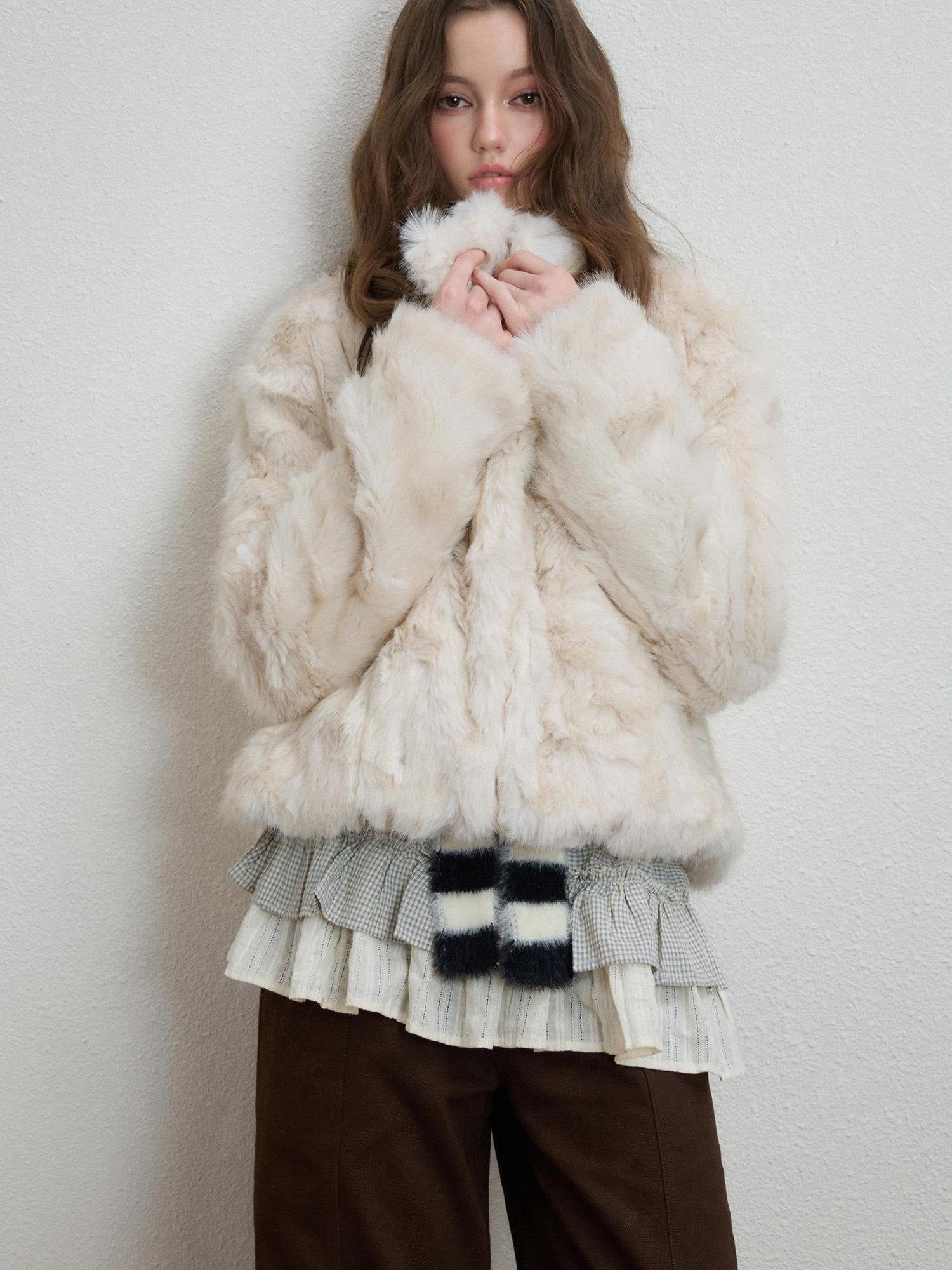 Luamoss Cozy Thick Asymmetric Short Coat Loose Casual Warm Women Off White Faux Fur Coats
