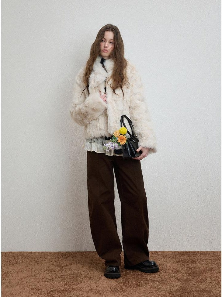 Luamoss Cozy Thick Asymmetric Short Coat Loose Casual Warm Women Off White Faux Fur Coats