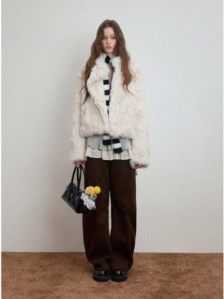 Luamoss Cozy Thick Asymmetric Short Coat Loose Casual Warm Women Off White Faux Fur Coats