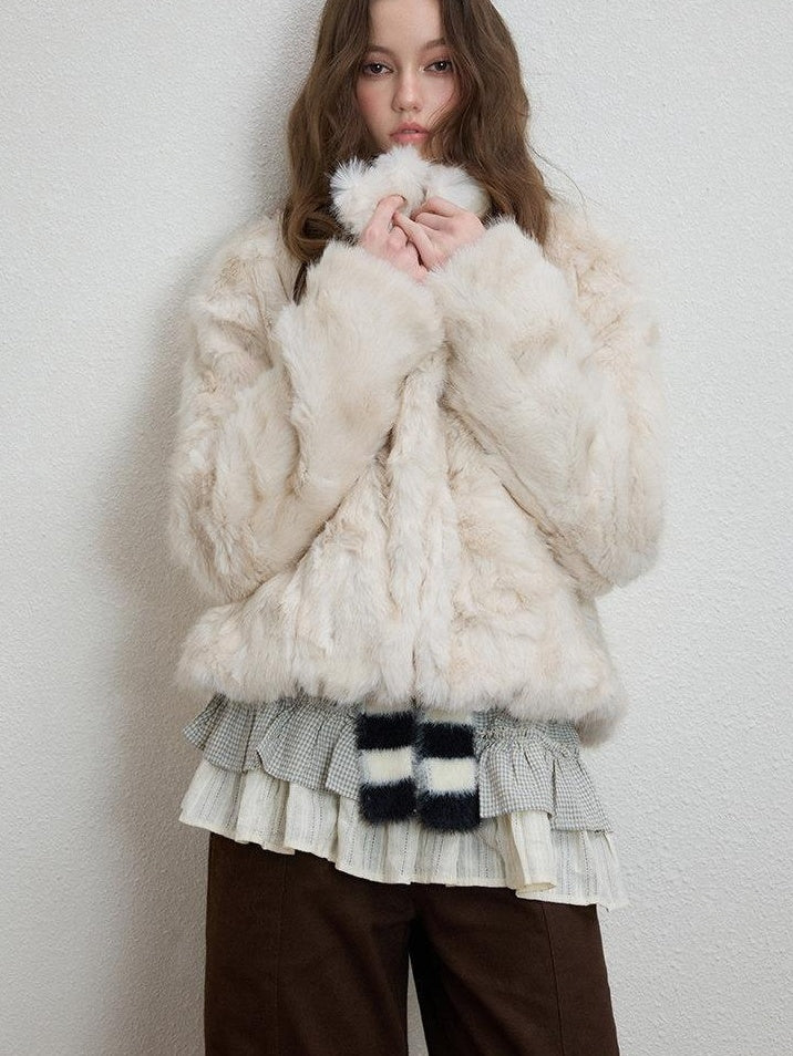 Luamoss Cozy Thick Asymmetric Short Coat Loose Casual Warm Women Off White Faux Fur Coats