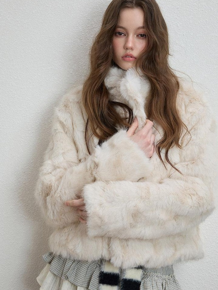 Luamoss Cozy Thick Asymmetric Short Coat Loose Casual Warm Women Off White Faux Fur Coats
