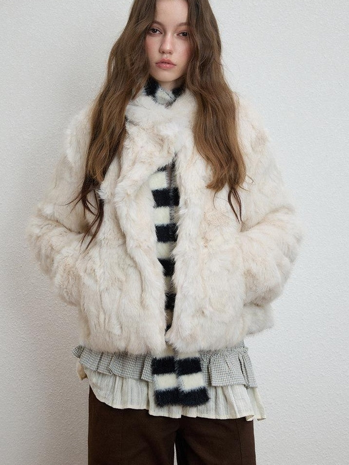 Luamoss Cozy Thick Asymmetric Short Coat Loose Casual Warm Women Off White Faux Fur Coats