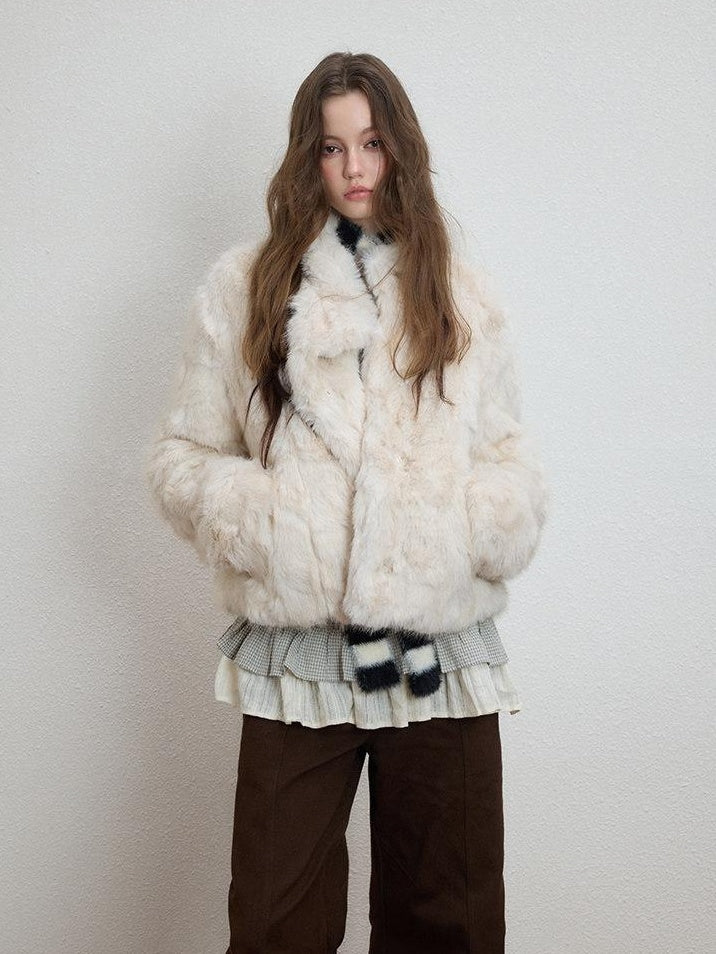 Luamoss Cozy Thick Asymmetric Short Coat Loose Casual Warm Women Off White Faux Fur Coats