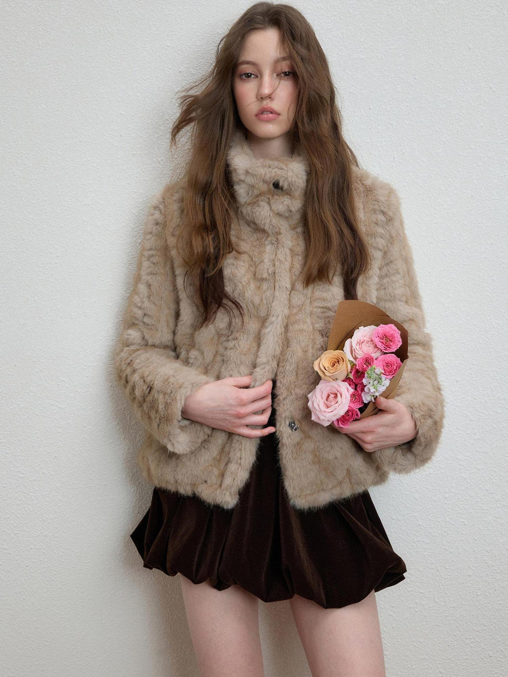 Luamoss Cozy Thick High Neck Short Loose Casual Women Daily Grey Camel Faux Fur Coats