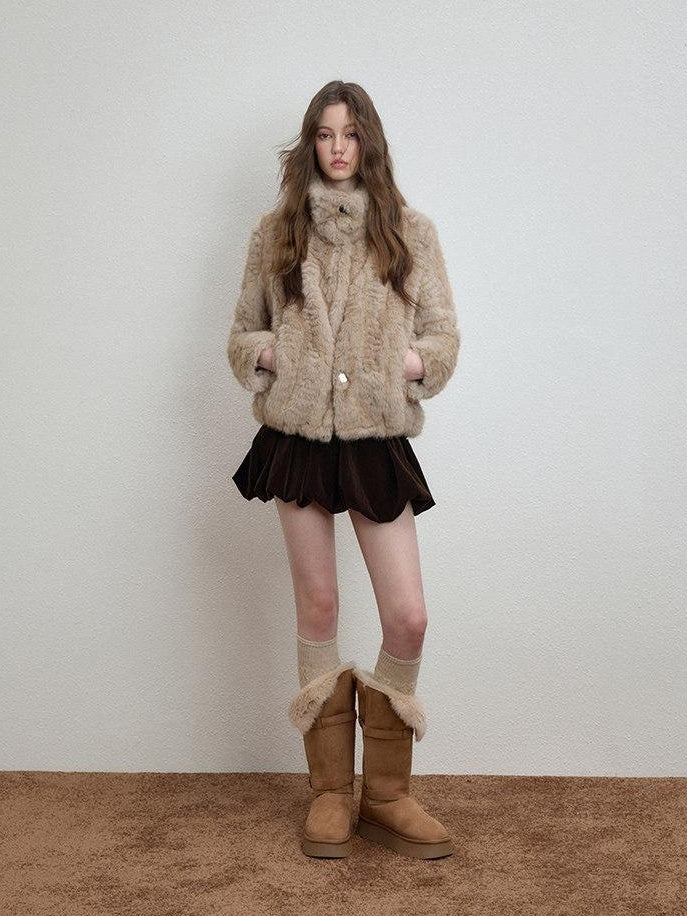 Luamoss Cozy Thick High Neck Short Loose Casual Women Daily Grey Camel Faux Fur Coats