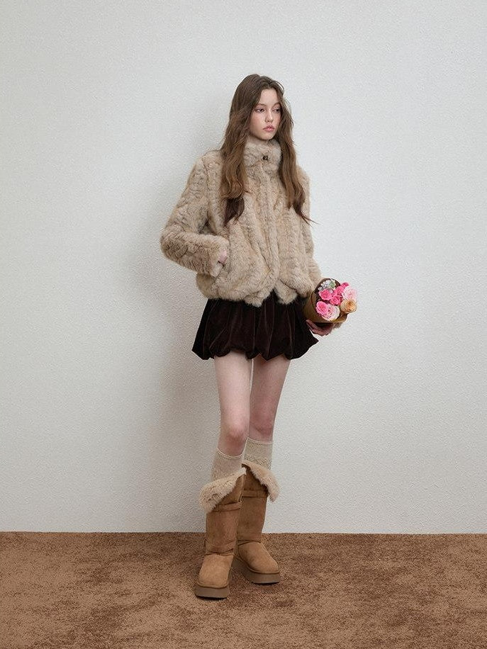 Luamoss Cozy Thick High Neck Short Loose Casual Women Daily Grey Camel Faux Fur Coats
