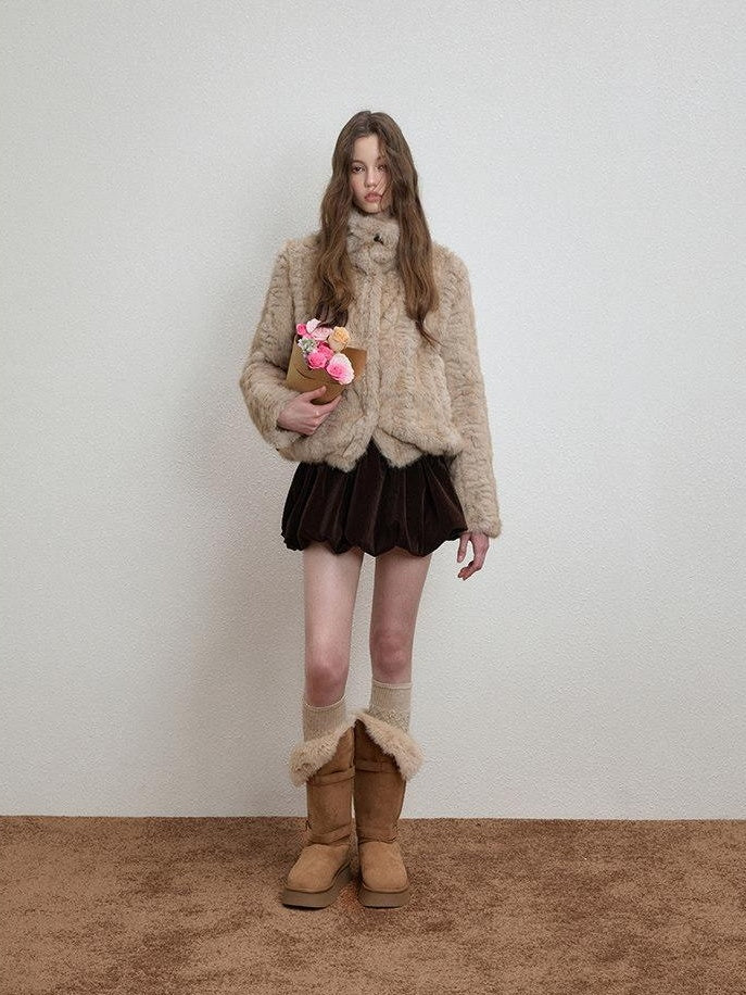 Luamoss Cozy Thick High Neck Short Loose Casual Women Daily Grey Camel Faux Fur Coats