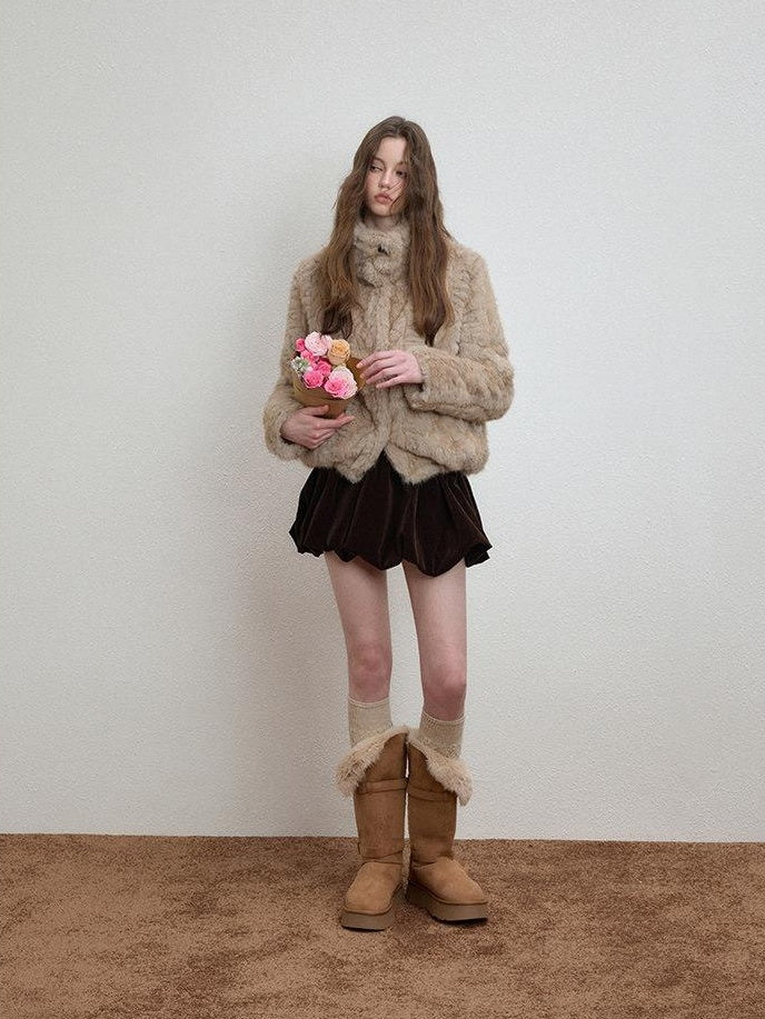 Luamoss Cozy Thick High Neck Short Loose Casual Women Daily Grey Camel Faux Fur Coats