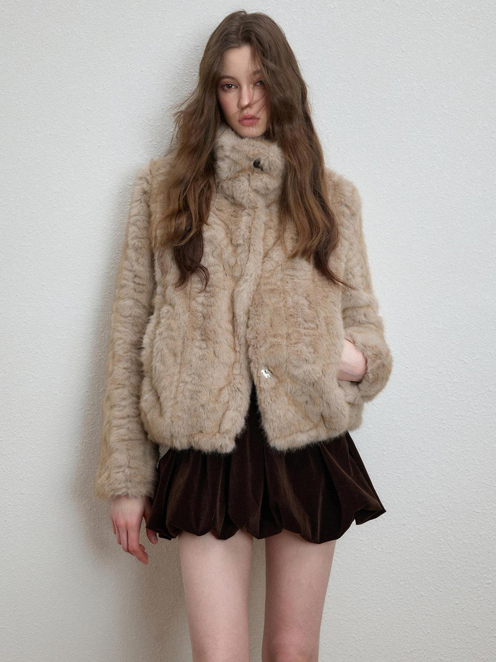 Luamoss Cozy Thick High Neck Short Loose Casual Women Daily Grey Camel Faux Fur Coats