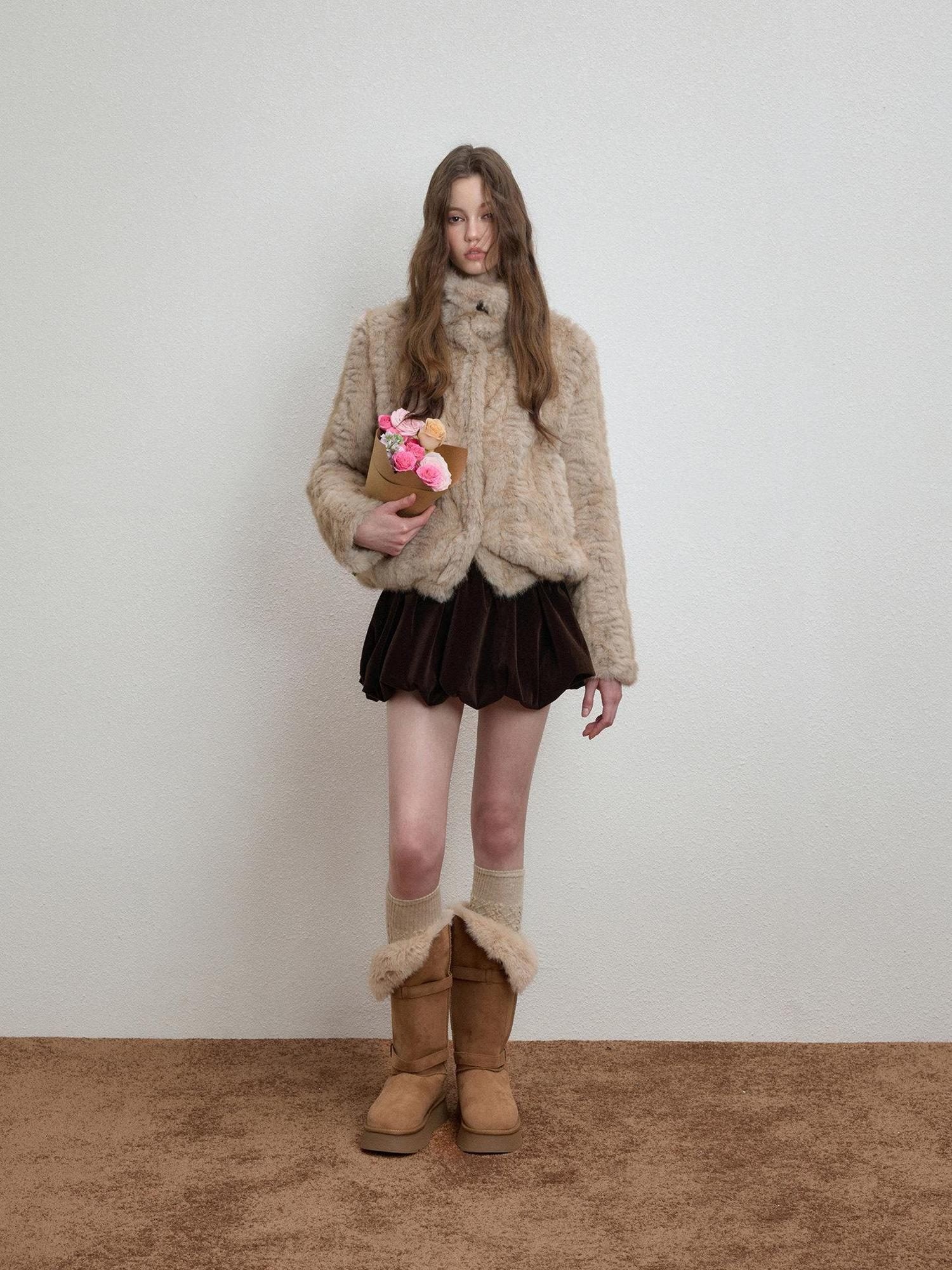 Luamoss Cozy Thick High Neck Short Loose Casual Women Daily Grey Camel Faux Fur Coats