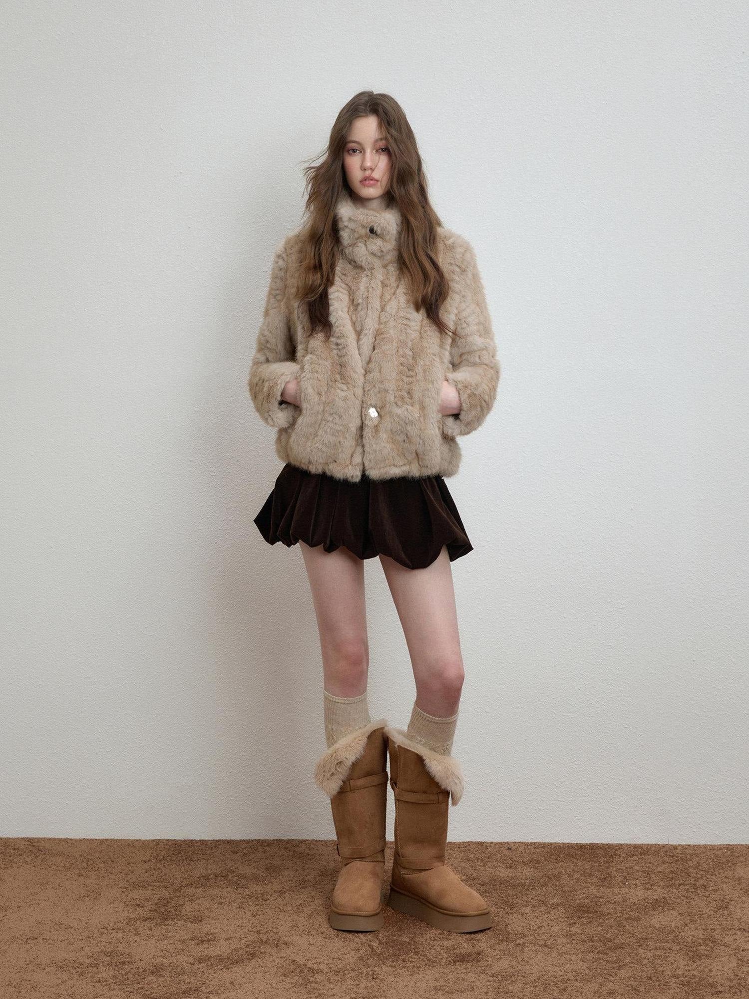 Luamoss Cozy Thick High Neck Short Loose Casual Women Daily Grey Camel Faux Fur Coats