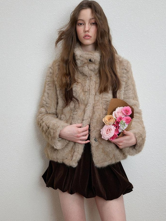 Luamoss Cozy Thick High Neck Short Loose Casual Women Daily Grey Camel Faux Fur Coats