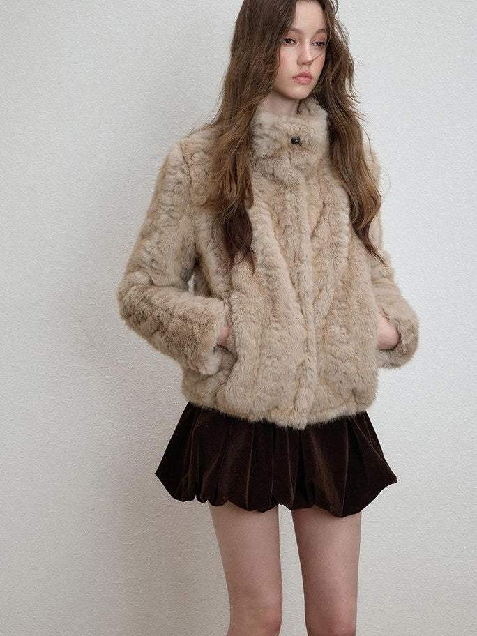 Luamoss Cozy Thick High Neck Short Loose Casual Women Daily Grey Camel Faux Fur Coats