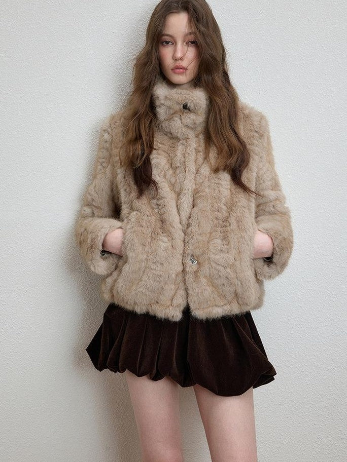 Luamoss Cozy Thick High Neck Short Loose Casual Women Daily Grey Camel Faux Fur Coats
