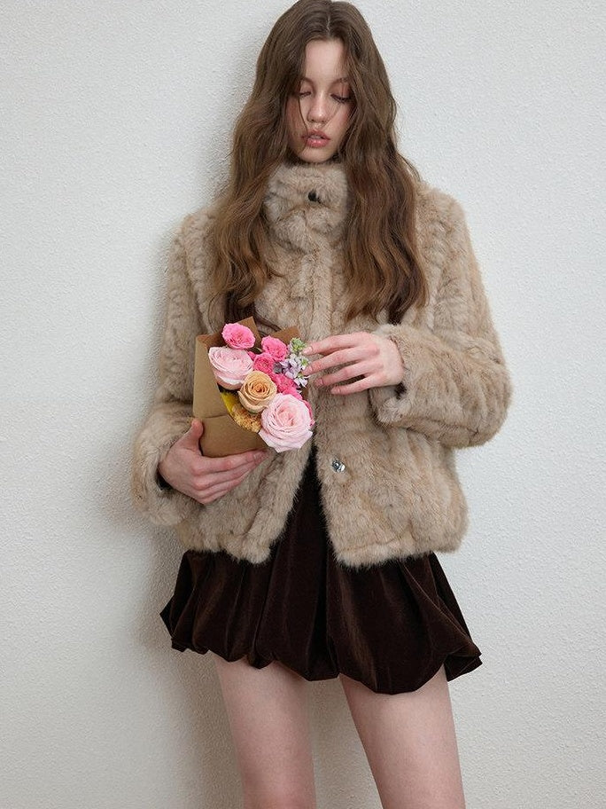 Luamoss Cozy Thick High Neck Short Loose Casual Women Daily Grey Camel Faux Fur Coats