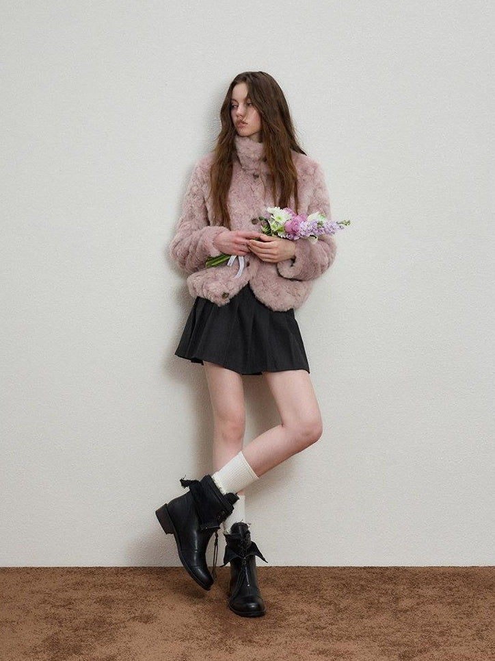 Luamoss Cozy Warm Flocked Drawcord Hem Loose Short Everyday Mist Purple Faux Fur Coats